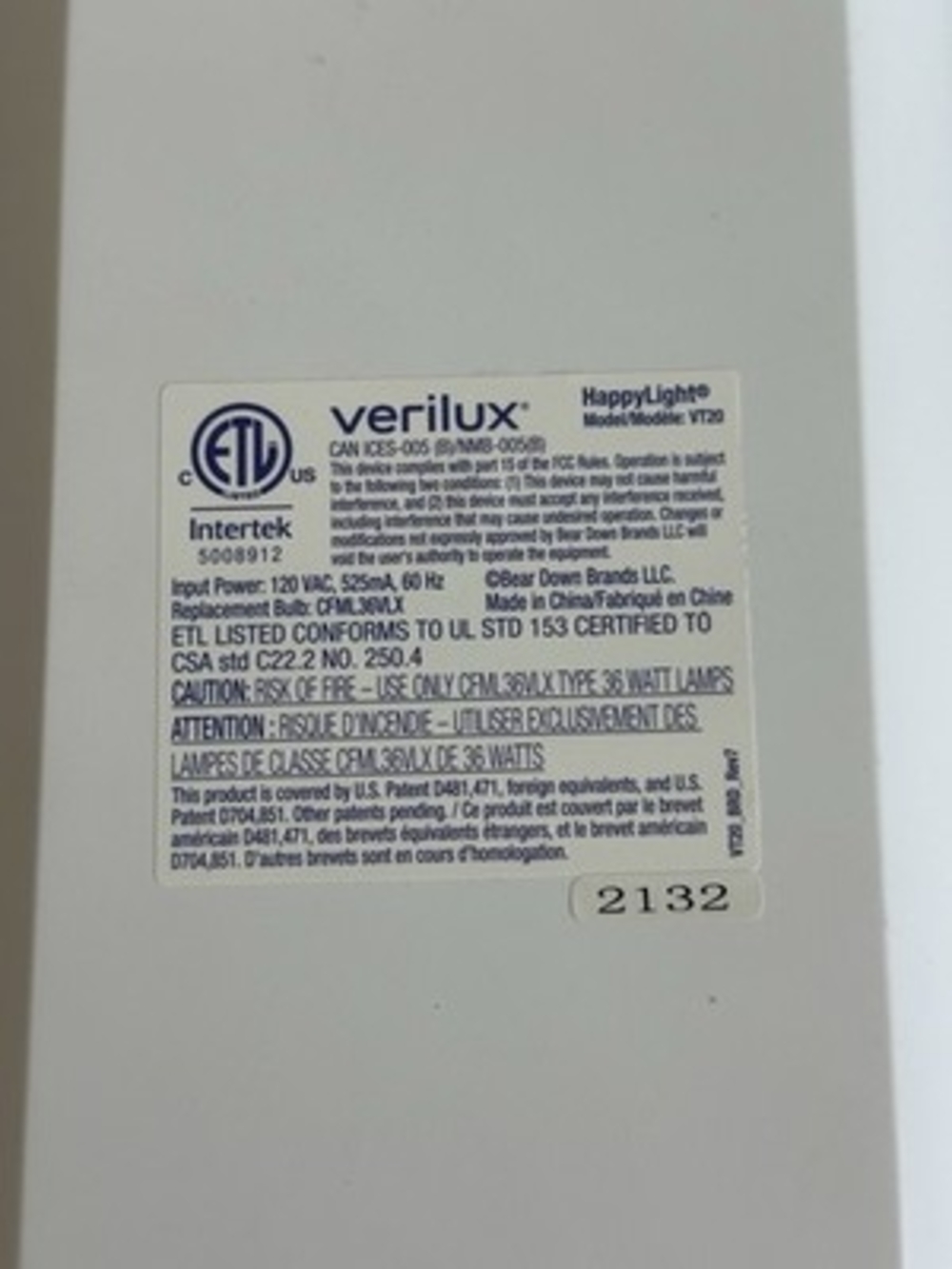 Verilux HappyLight VT20 Light Therapy Lamp 7500 Lux SAD Energy Mood Comfort - Picture 3 of 3